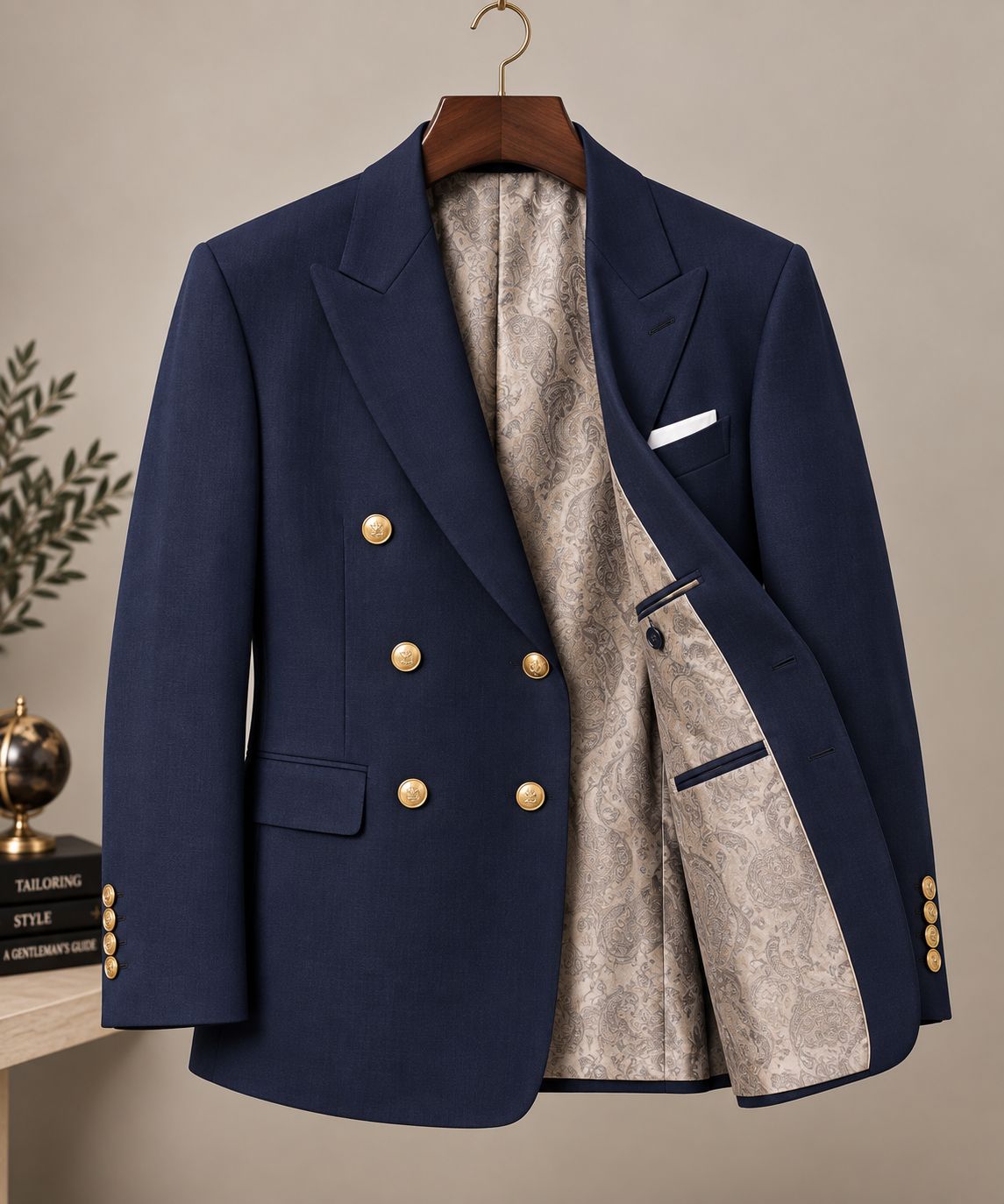 Men’s Navy Blue Double Breasted Blazer: Luxury Styling with Paisley Lining
