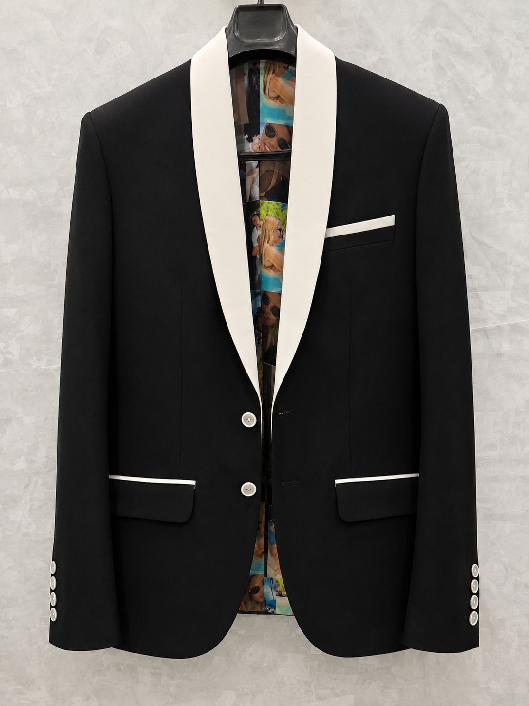 Black tuxedo blazer with white shawl lapel and custom photo lining