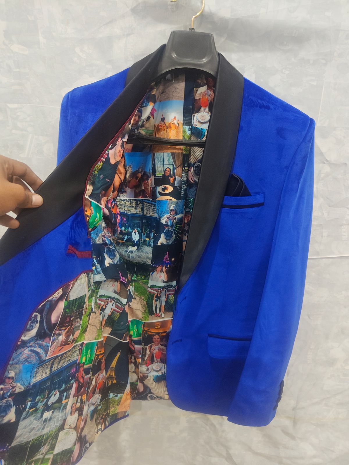 Royal blue blazer with black lapels and personalized family travel photo collage lining