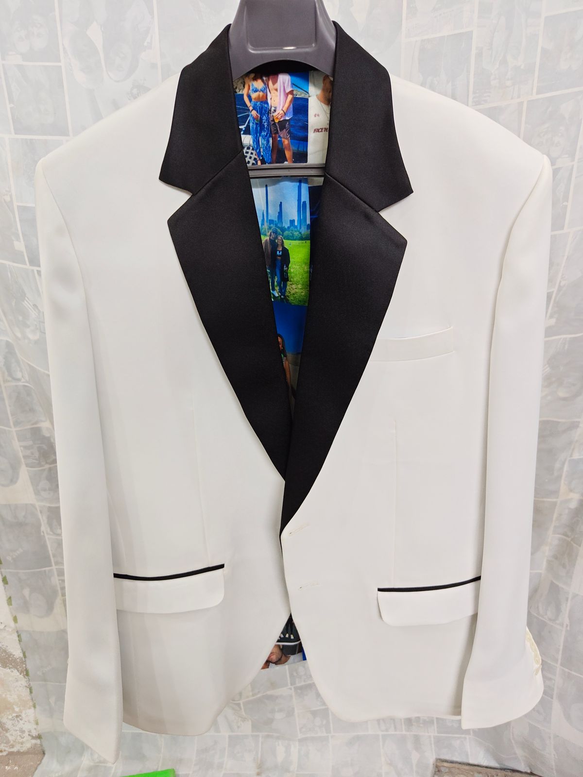 White tuxedo blazer with black shawl lapels and personalized photo lining