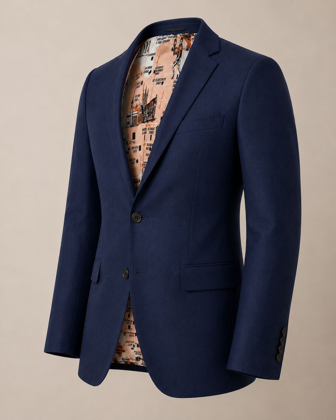 Personalized Navy Blue Blazer with Custom Printed Map Lining for Men