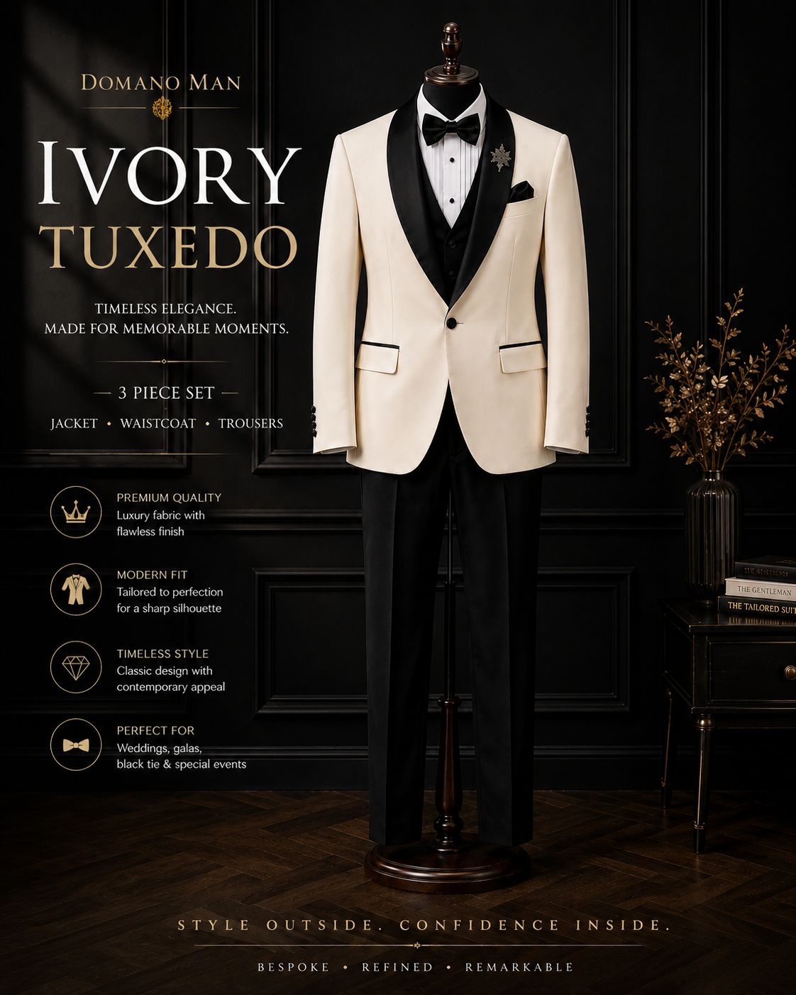 Men’s Ivory White 3 Piece Tuxedo Suit | Black Shawl Lapel Wedding Groom Suit | Luxury Formal & Black Tie Wear