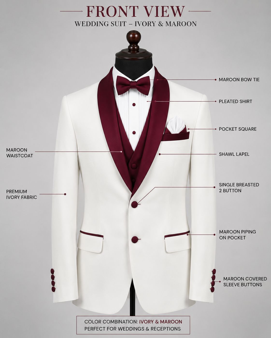 Ivory & Maroon 3 Piece Wedding Suit for Men – Tuxedo Style Groom Suit