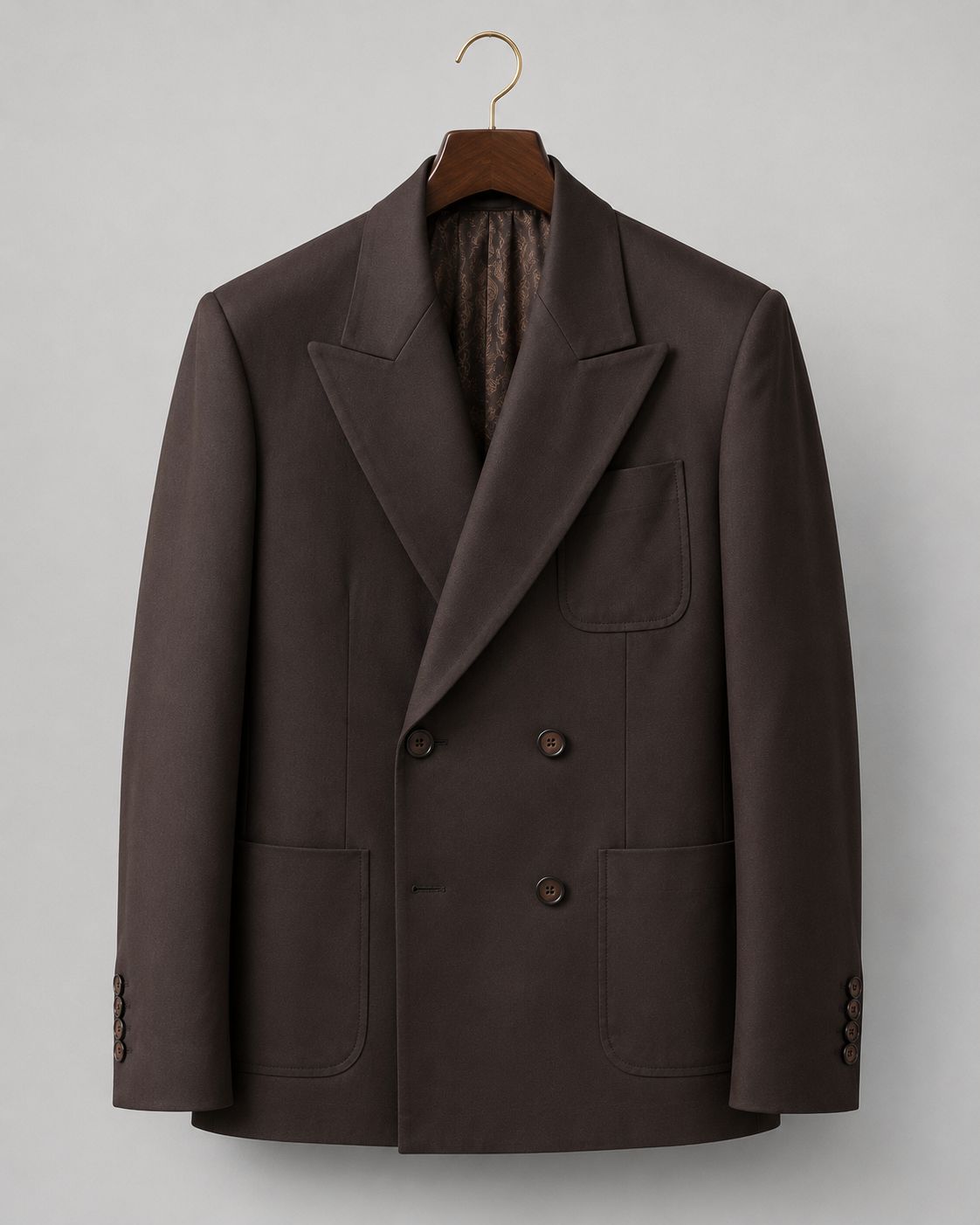 Premium Dark Brown Double Breasted Suit with Peak Lapel & Luxury Paisley Lining