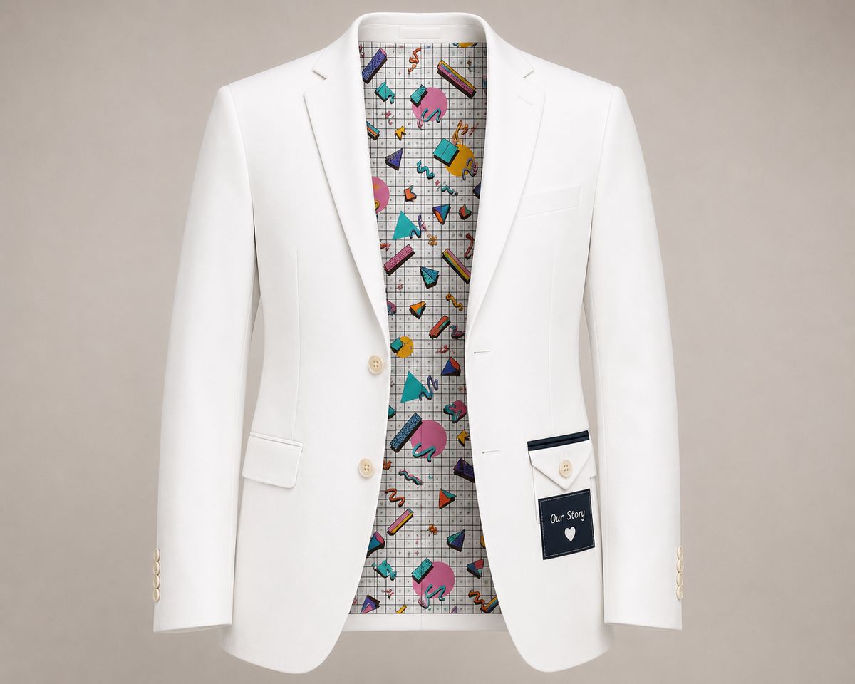 Personalized White Blazer for Men with Custom Printed Colorful Inner Lining