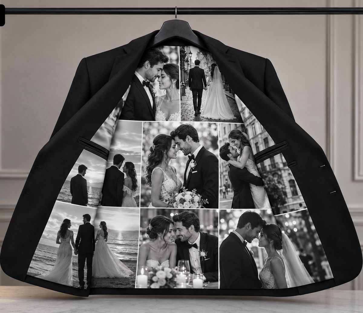 Personalized Wedding Suit for Men – Black Tuxedo with Custom Wedding Photo Lining