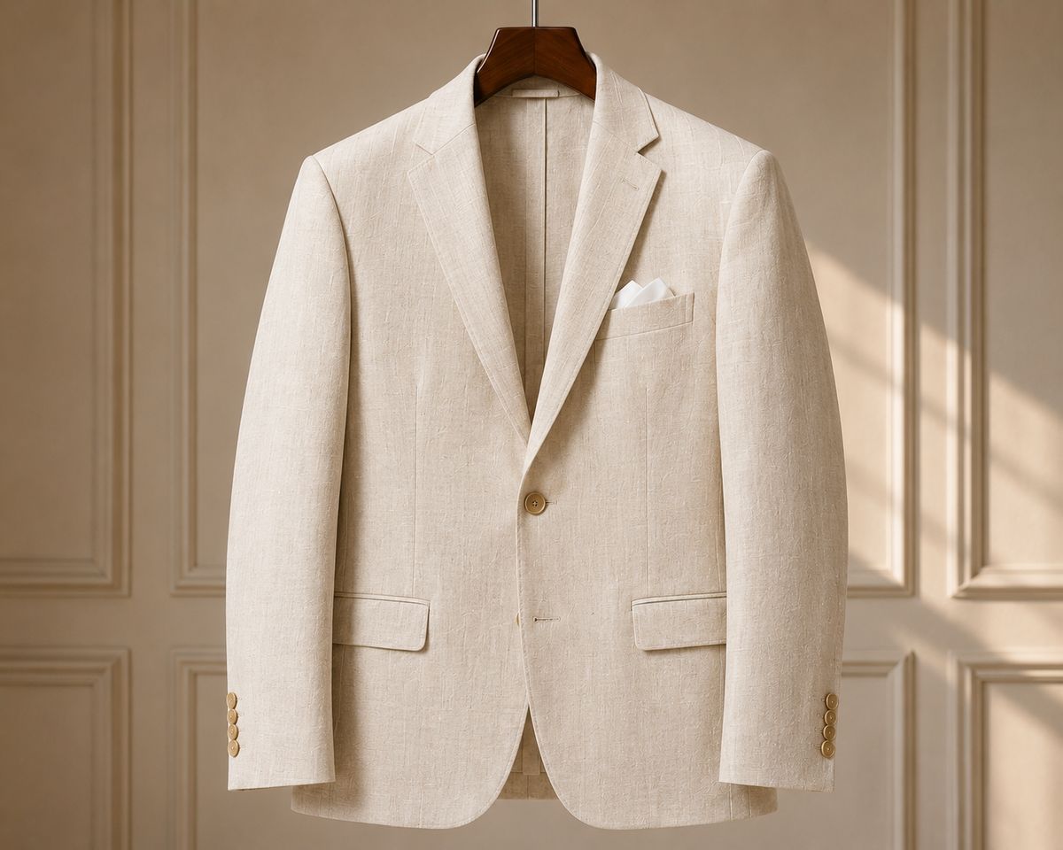 Men’s Linen Blazer – Premium Beige Cream Single-Breasted Suit Jacket for Weddings & Summer Events