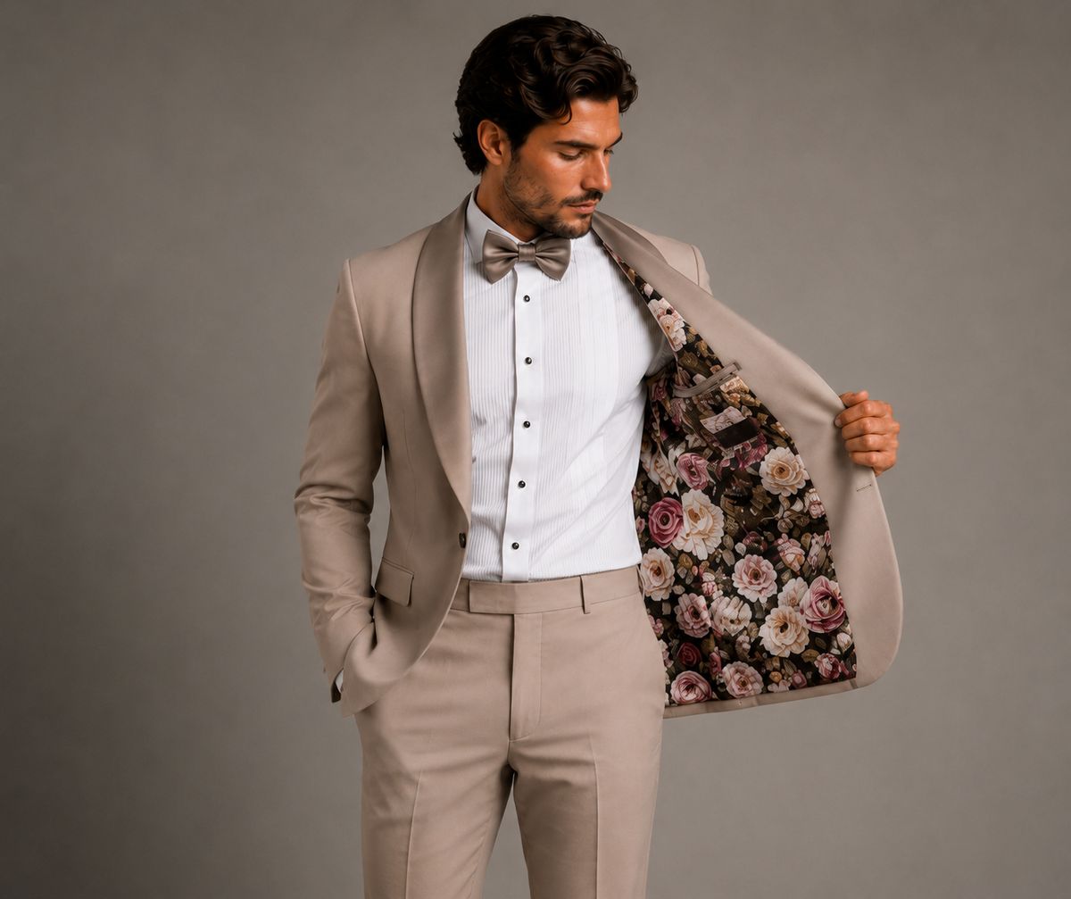 Men’s Beige 2 Piece Suit with Floral Lining | Luxury Tailored Wedding & Formal Suit