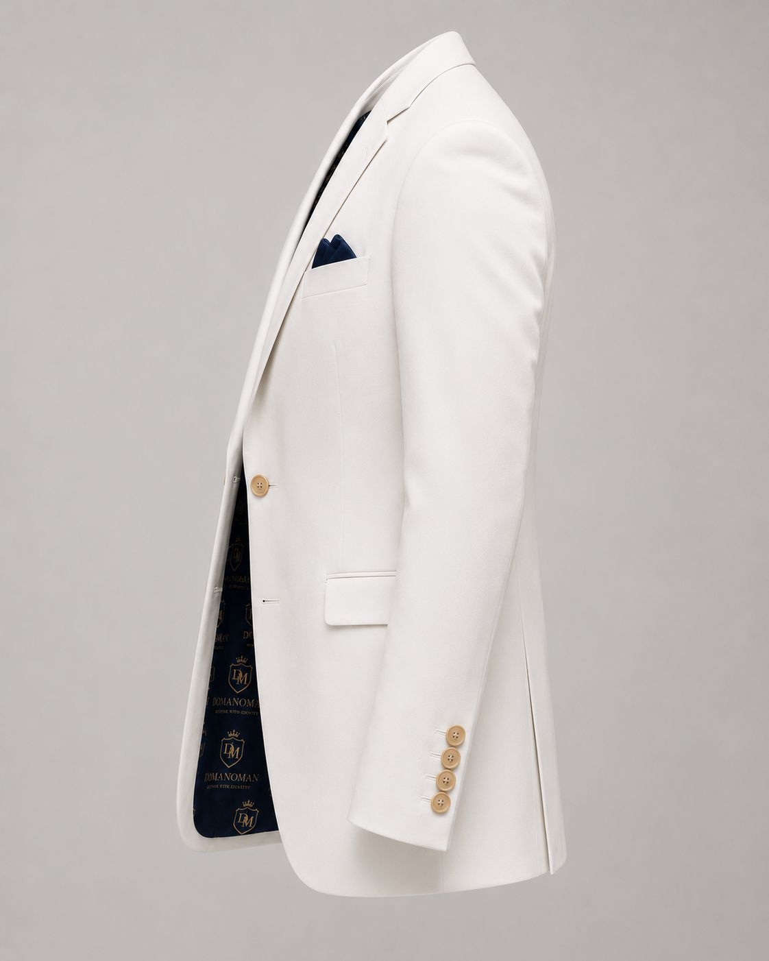 White Tuxedo Blazer for Men with Custom Navy Blue & Gold Logo Printed Inner Lining – Luxury Wedding, Groom & Formal Wear Jacket