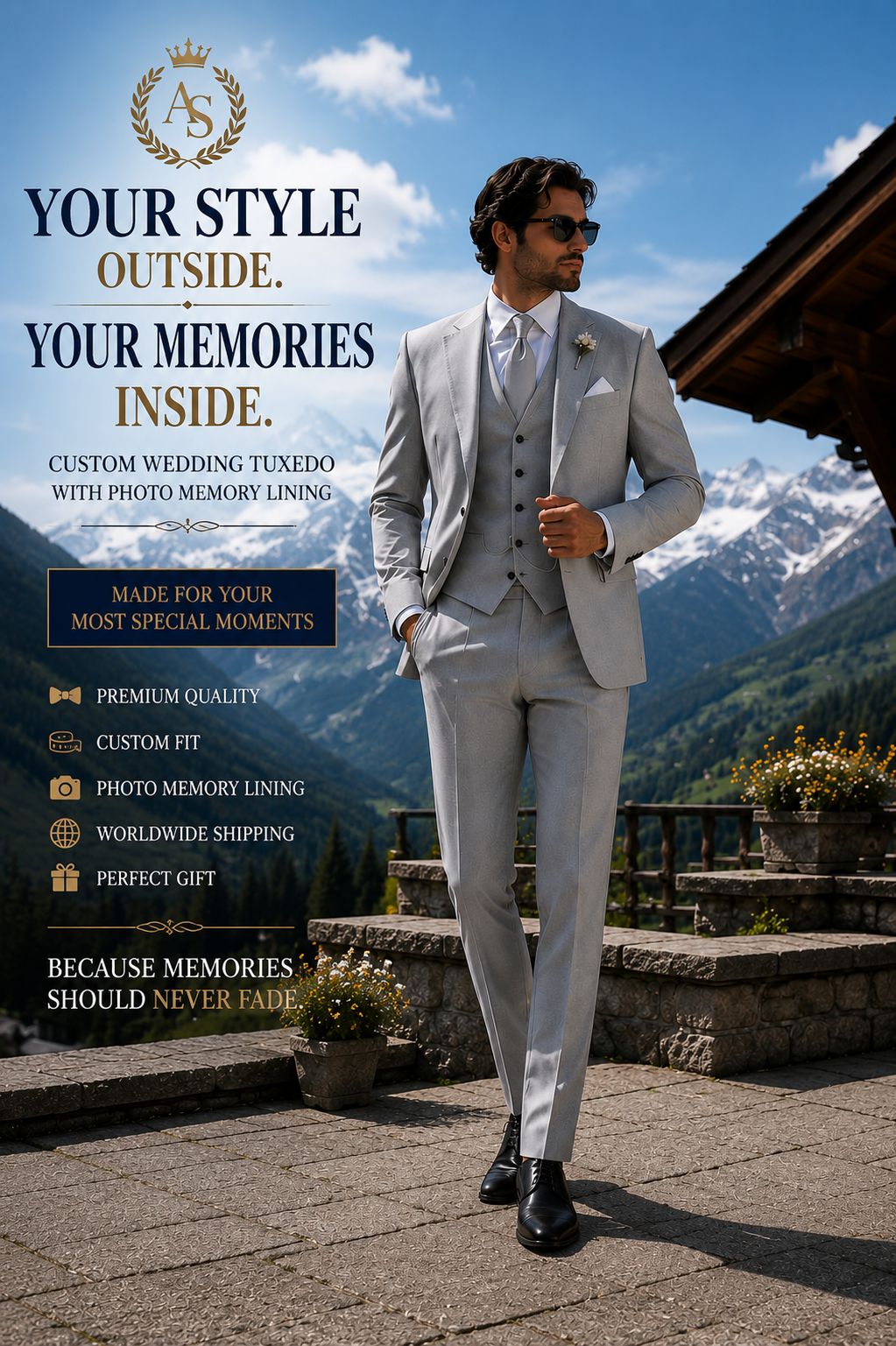 Men’s Light Gray 3 Piece Wedding Suit with Personalized Photo Lining | Custom Groom Suit | Luxury Tailored Formal Wear
