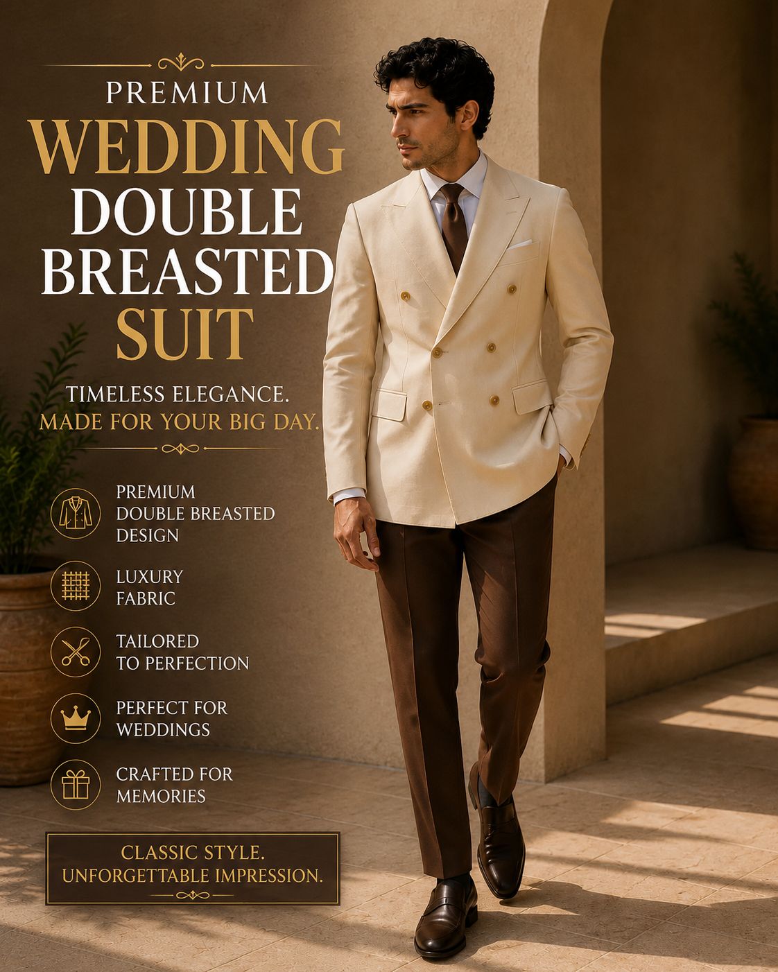 Personalized Wedding Suit for Men – Cream Double Breasted Tuxedo with Custom Photo Lining
