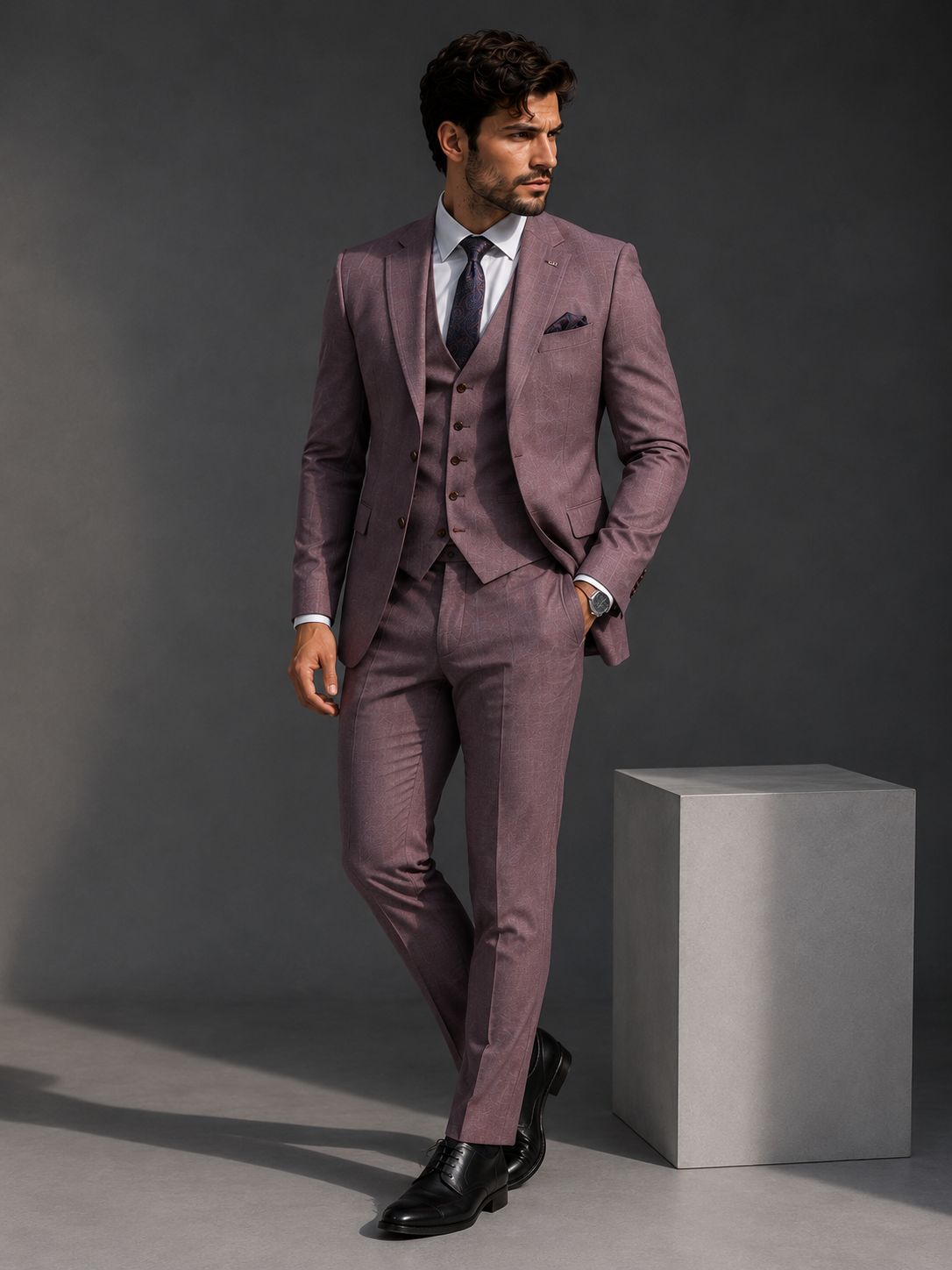 Personalized Wedding Suit for Men – Mauve 3 Piece Suit with Custom Photo Lining