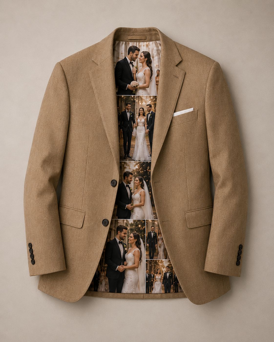 Men’s Tan Blazer with Personalized Wedding Photo Lining | Custom Memory Jacket | Luxury Wedding & Formal Wear