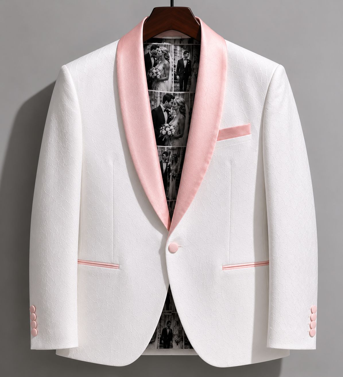 Personalized Wedding Blazer for Men – Custom Photo Lining White Tuxedo with Pink Shawl Lapel