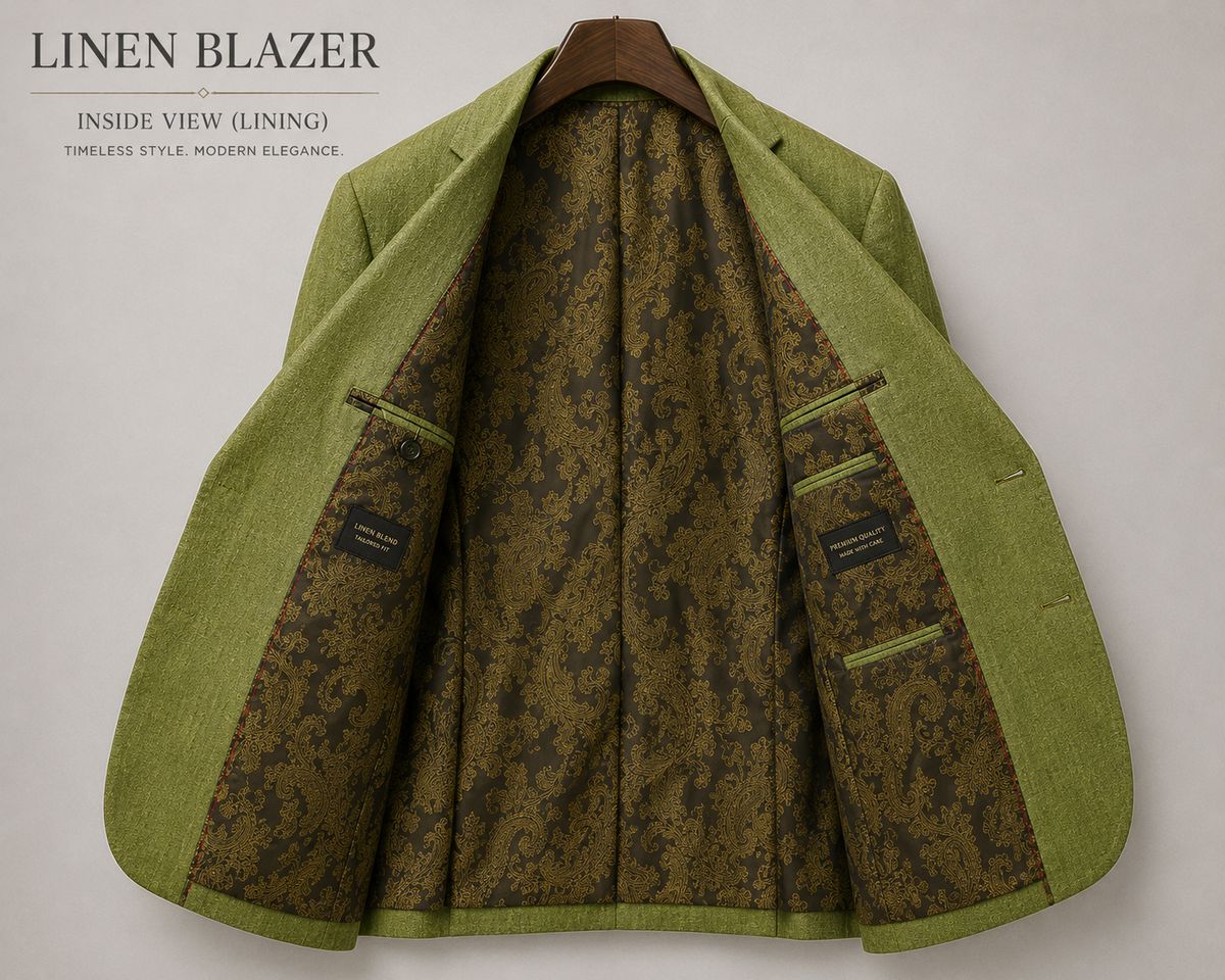 Premium Olive Green Linen Blazer with Paisley Lining & Patch Pockets