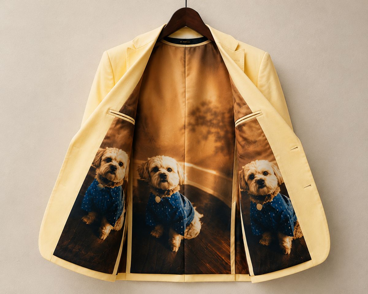 Personalized Pet Photo Blazer for Men – Custom Dog Photo Lining Cream Blazer