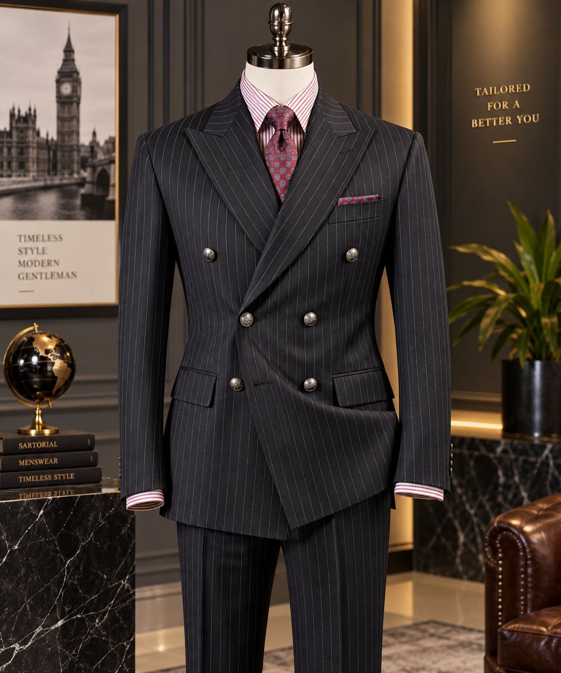 Men’s Charcoal Gray Pinstripe Double Breasted Suit | Luxury Peak Lapel Formal Business Tuxedo