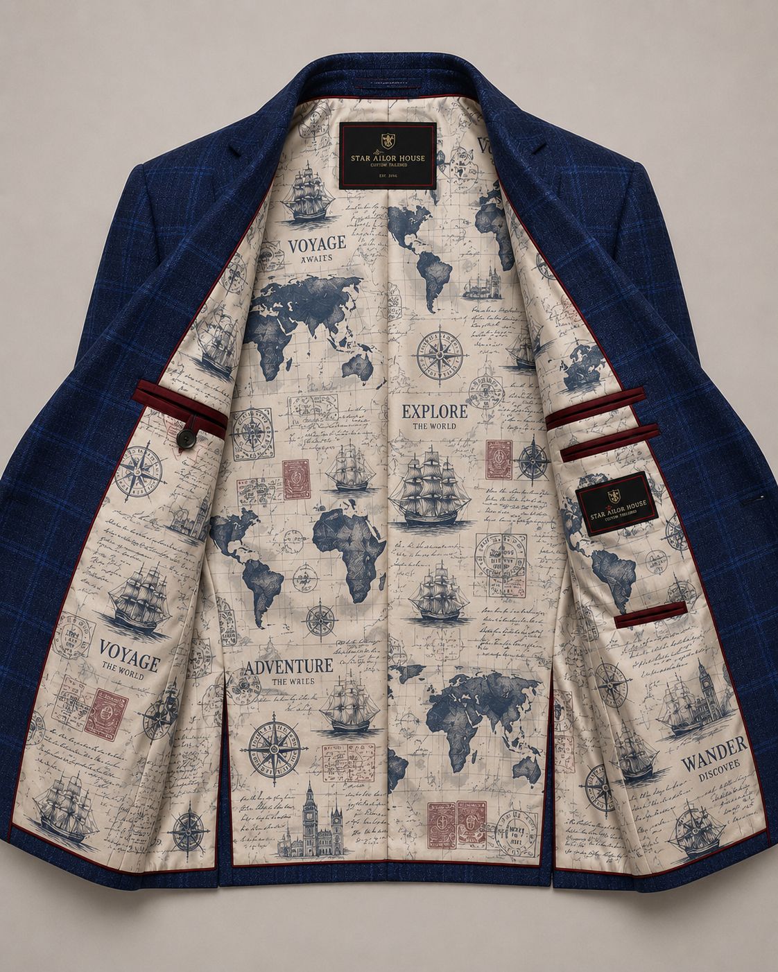 Custom Navy Blue Blazer with Personalized Travel Map Lining – Luxury Bespoke Mens Suit Jacket