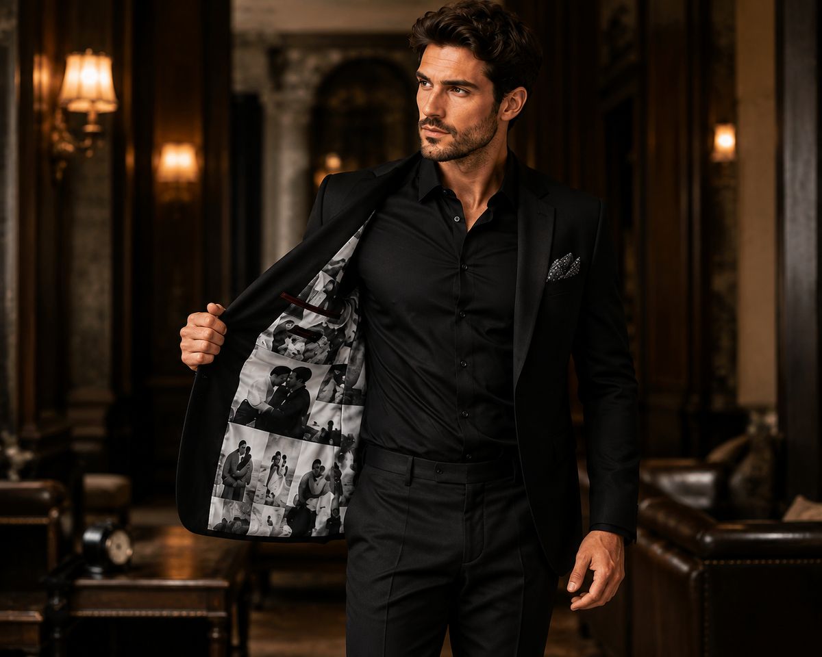 Custom Black Wedding Suit with Personalized Photo Lining | Luxury Groom Suit
