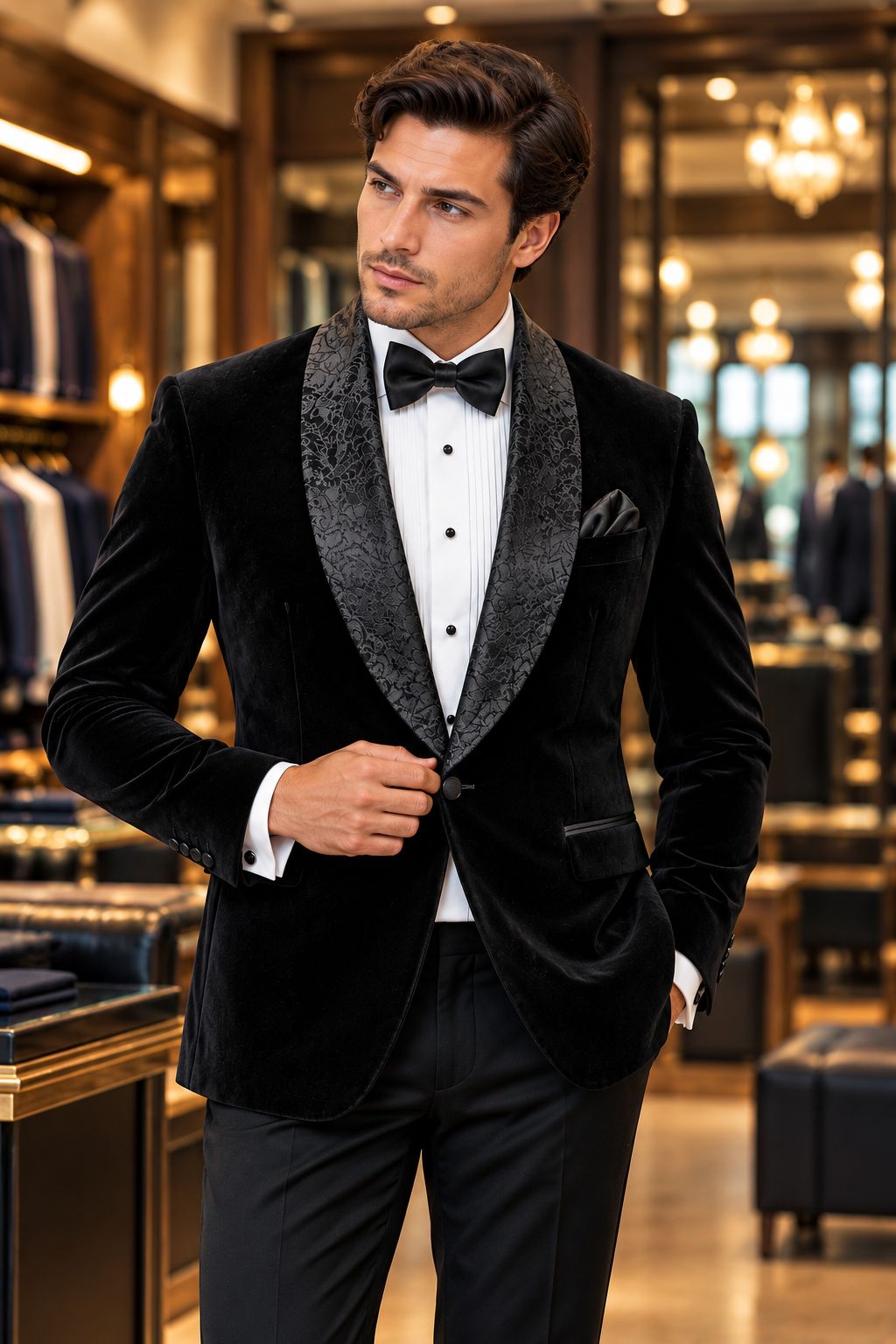 Men’s Black Velvet Tuxedo Blazer with Black Paisley Shawl Lapel – Luxury Formal Dinner Jacket, Wedding & Evening Party Suit