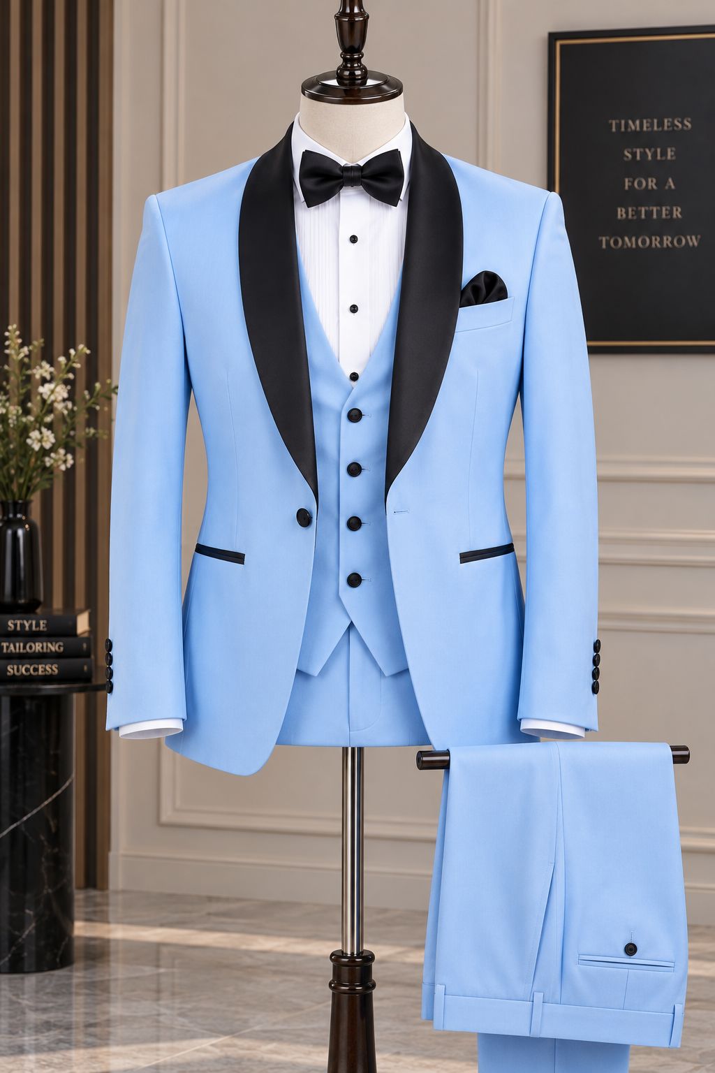 Men’s Light Blue 3 Piece Tuxedo Suit | Black Shawl Lapel Wedding Prom & Formal Suit