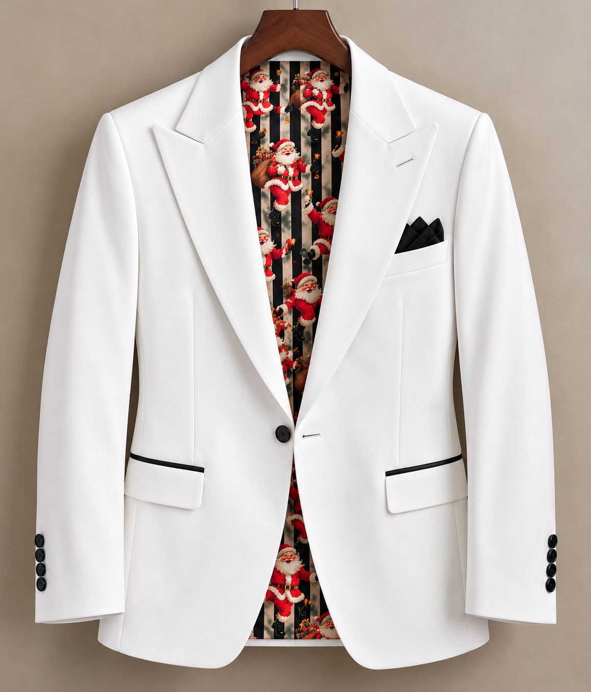 Men’s White Christmas Blazer with Santa Printed Lining – Luxury Formal Tuxedo Jacket, Holiday Party & Winter Wedding Suit