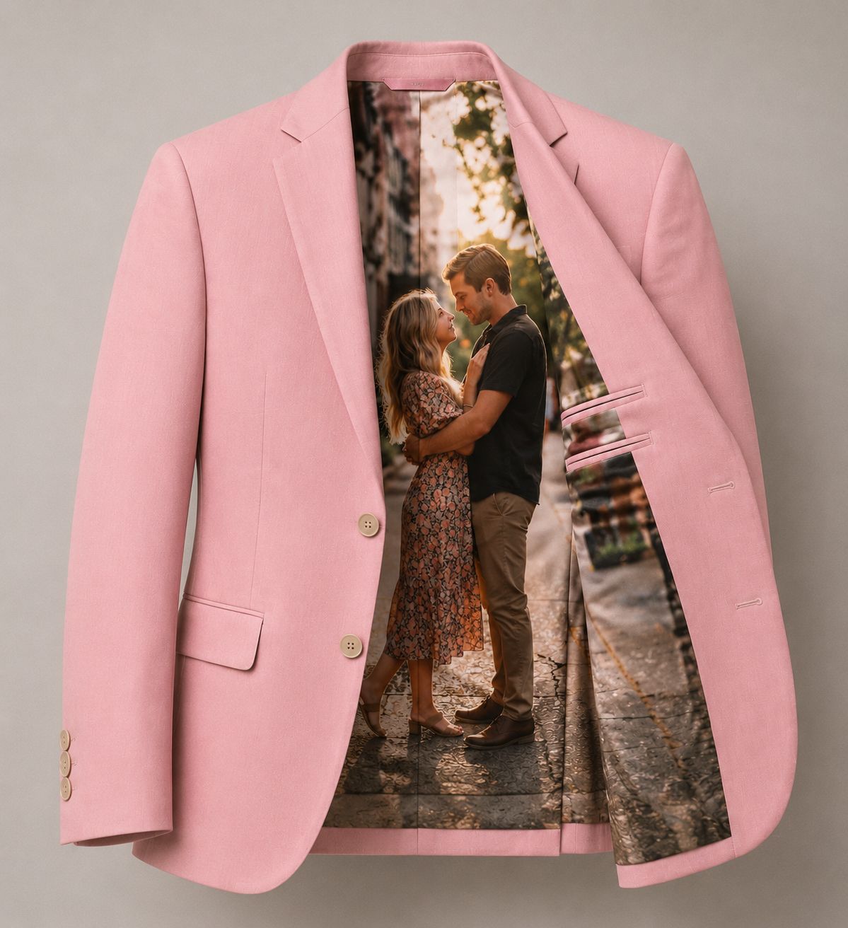 Personalized Photo Lining Pink Blazer for Men – Custom Couple Memory Blazer, Wedding Groom Jacket, Bespoke Formal Wear