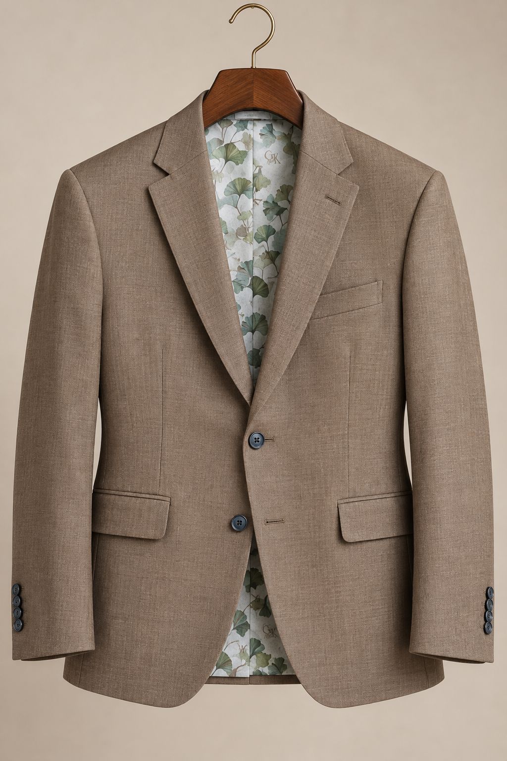 Men’s Taupe Brown Blazer with Botanical Floral Satin Lining – Luxury Tailored Suit Jacket, Premium Wedding & Formal Wear