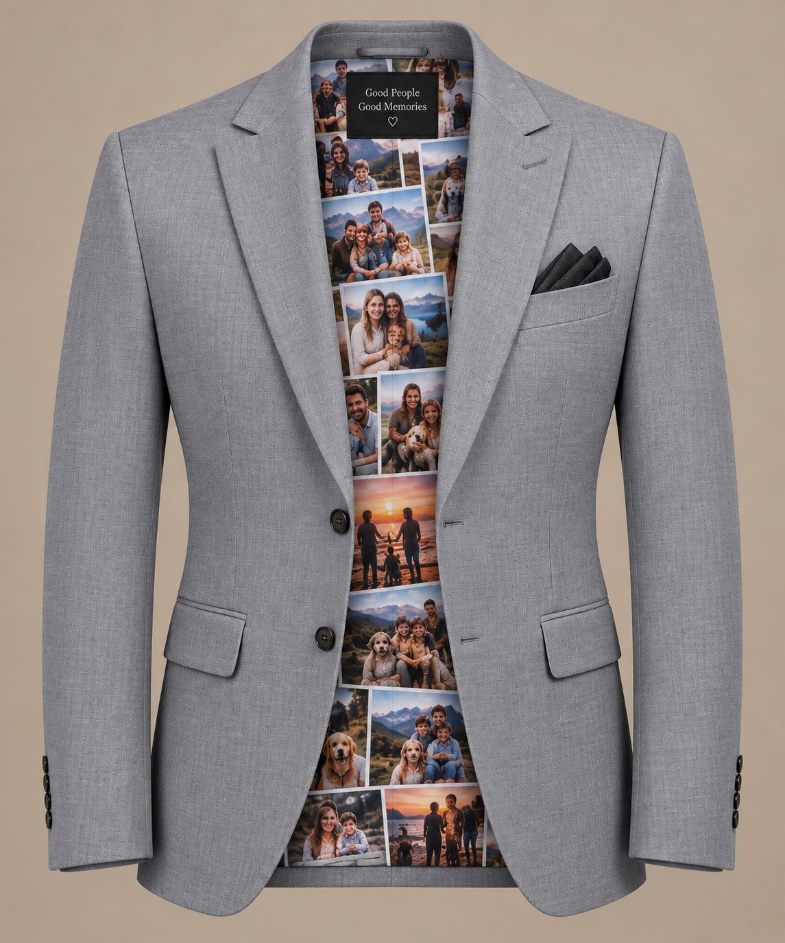 Custom Light Gray Blazer with Personalized Family Photo Lining | Luxury Memory Suit Jacket
