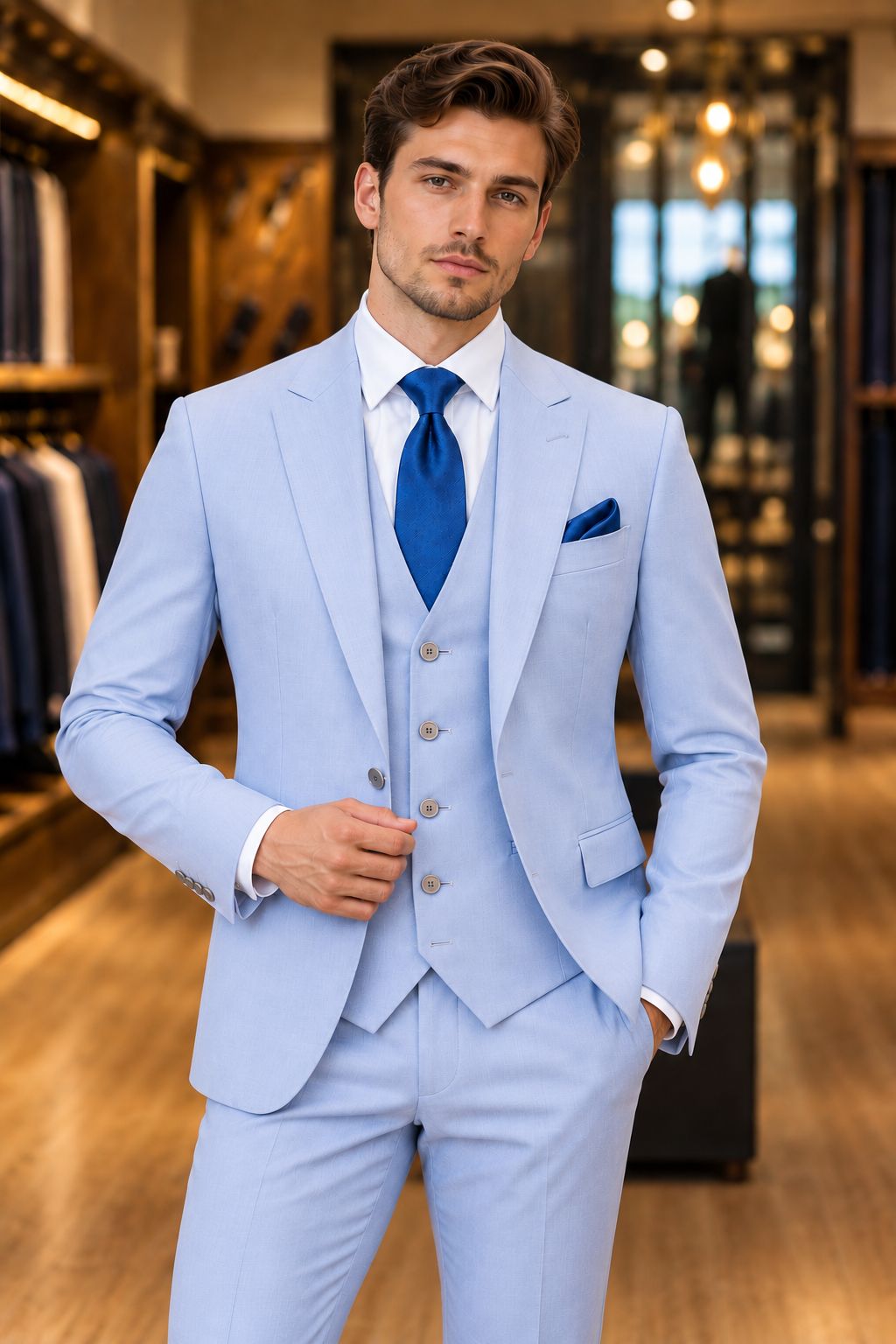 Men’s Light Blue 3 Piece Suit – Luxury Tailored Fit Wedding Suit with Matching Waistcoat, Formal Business & Party Wear