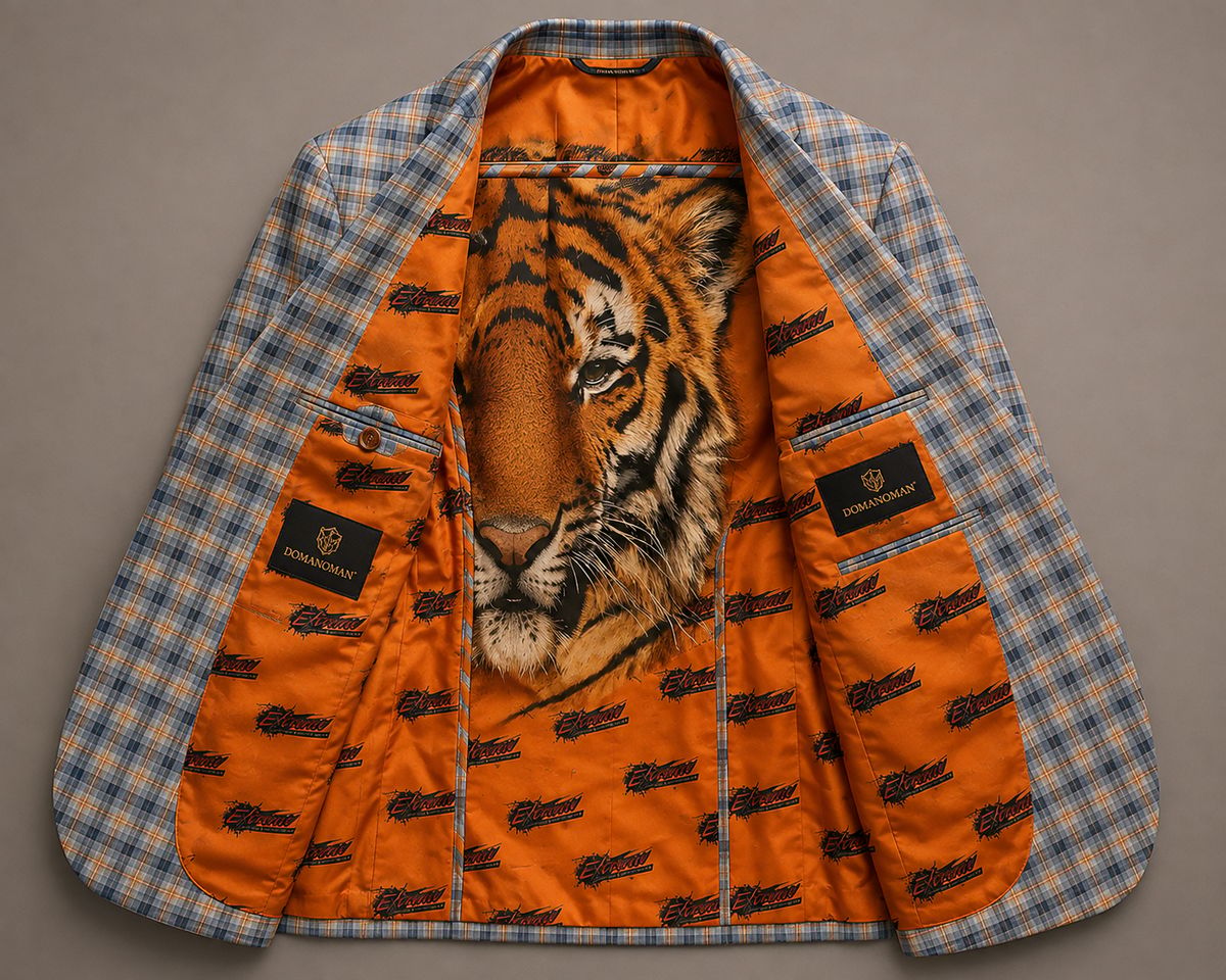 Custom Grey Plaid Blazer with Tiger Printed Lining | Personalized Men's Jacket