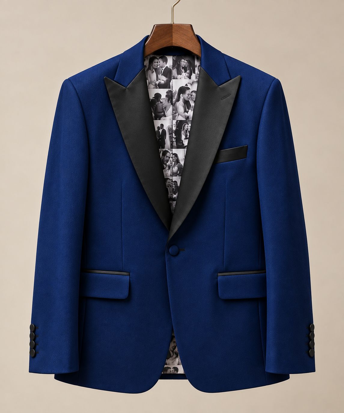Men’s Royal Blue Tuxedo Blazer with Black Satin Shawl Lapels & Photo Lining | Custom Wedding Dinner Jacket | Luxury Formal Wear