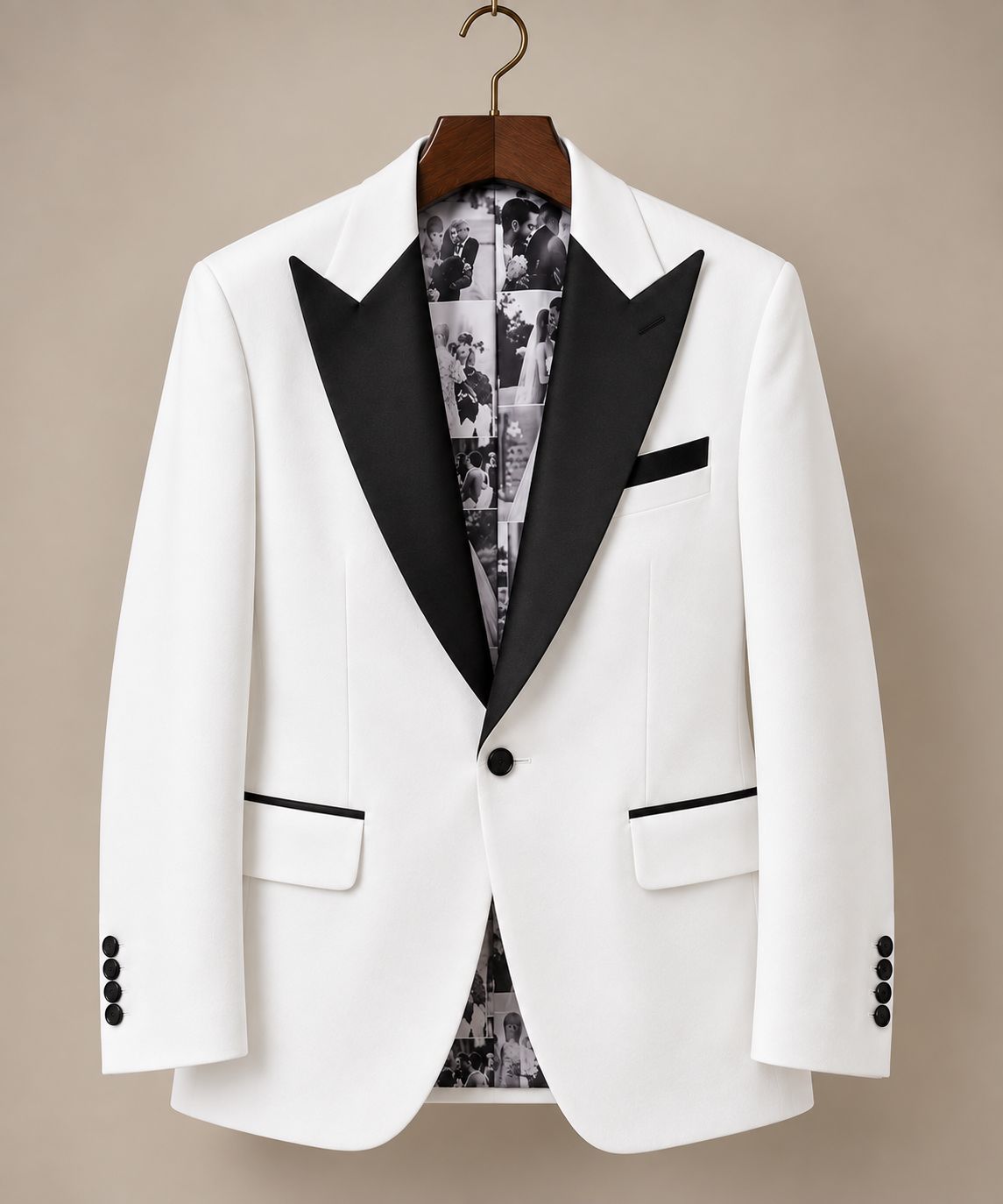 Men’s White Tuxedo Blazer with Black Peak Lapels & Custom Photo Lining | Luxury Wedding Dinner Jacket | Formal Wear