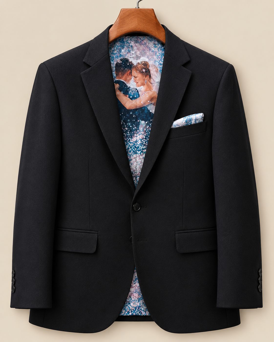 Men’s Black Blazer with Personalized Wedding Photo Lining | Custom Groom Jacket | Luxury Tailored Wedding & Formal Wear