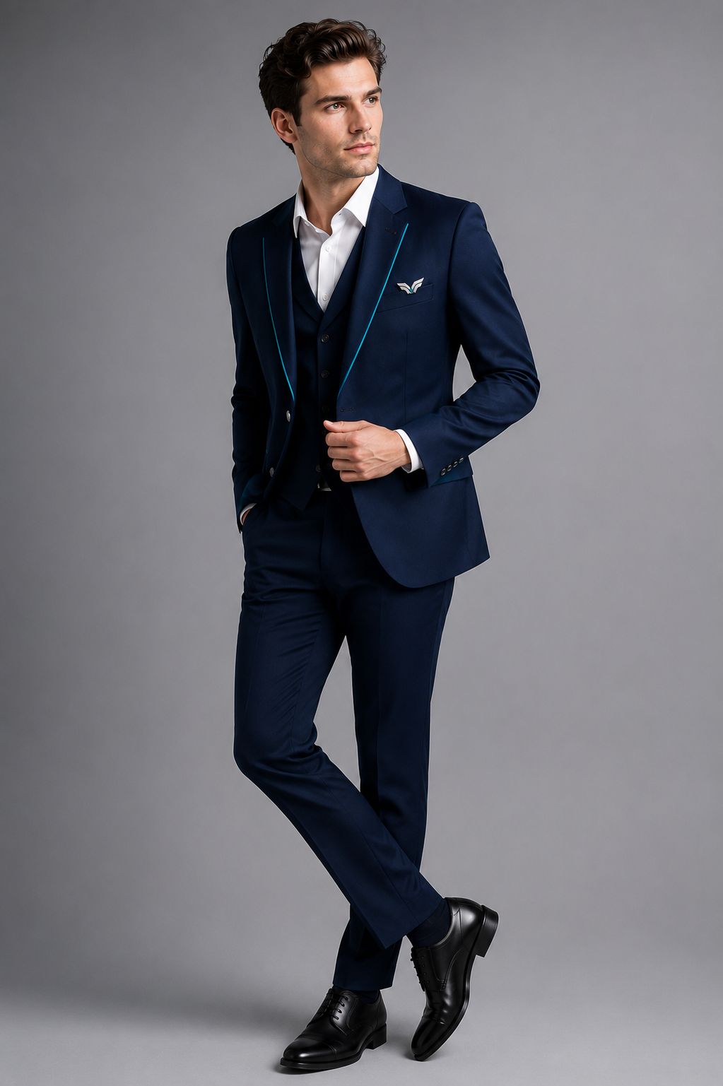 Men’s Navy Blue Blazer with Turquoise Piping – Modern Slim Fit Formal Suit Jacket, Designer Party & Wedding Blazer