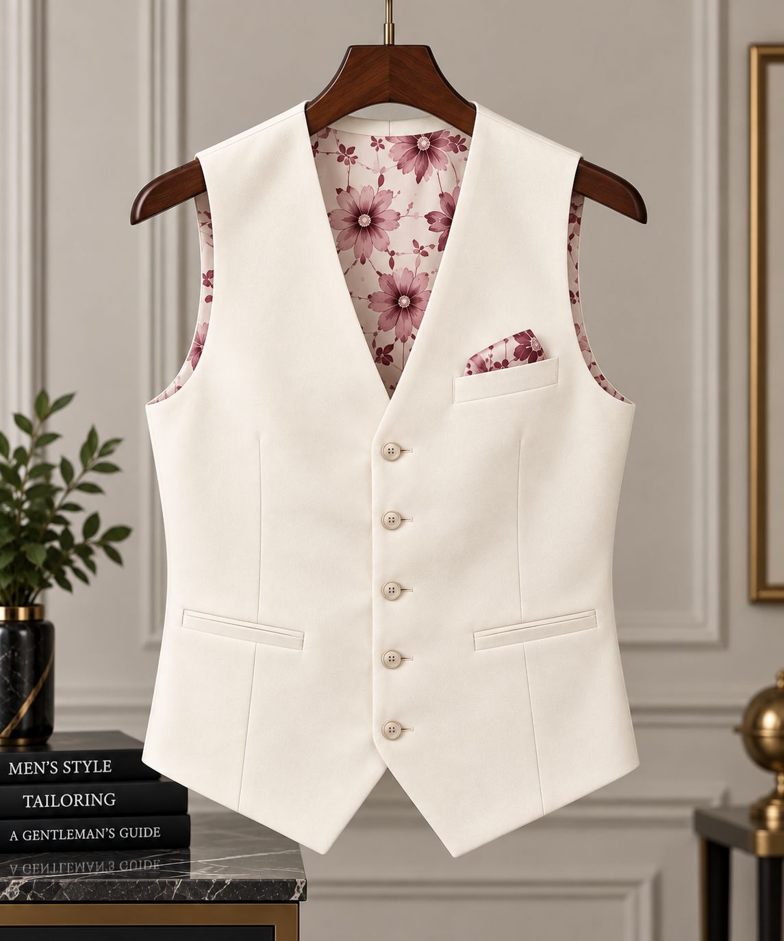 Men’s Ivory Wedding Waistcoat with Floral Lining | 5 Button Formal Vest | Luxury Groom & Wedding Party Waistcoat
