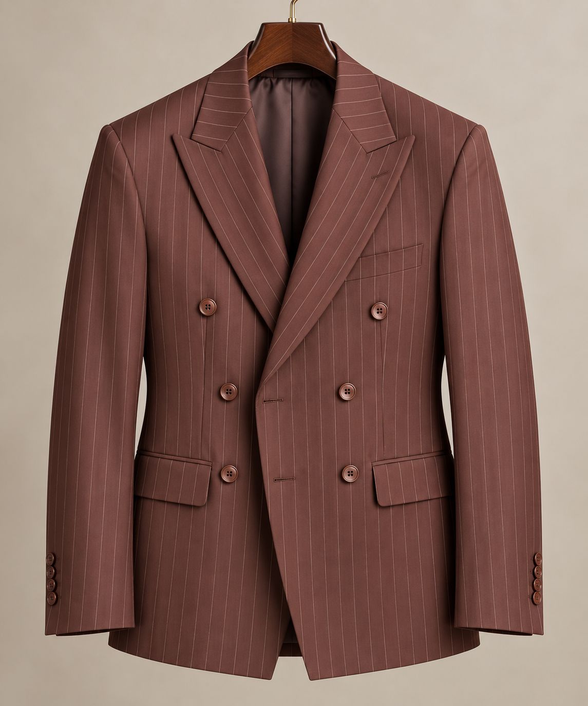 Men’s Brown Pinstripe Double Breasted Blazer | Peak Lapel Luxury Tailored Jacket | Wedding, Business & Formal Wear