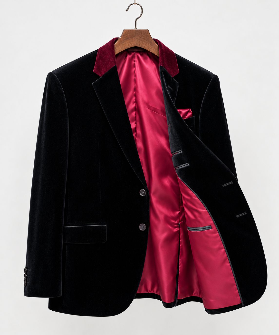 Men’s Black Velvet Blazer with Burgundy Velvet Collar & Pink Satin Lining | Luxury Dinner Jacket | Wedding & Party Formal Wear