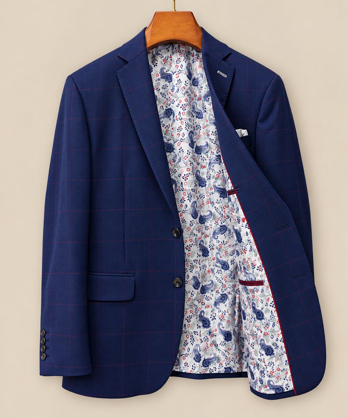 Men’s Navy Blue Windowpane Check Blazer with Paisley Lining | Luxury Tailored Suit Jacket | Wedding, Party & Formal Wear