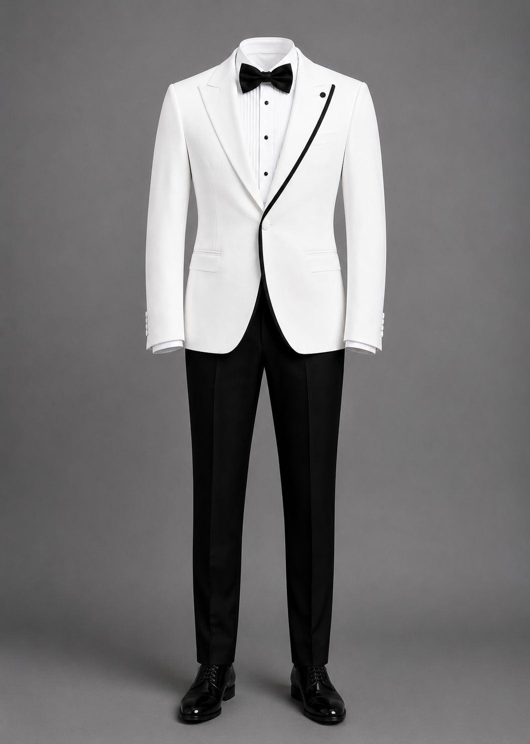 Men’s White Tuxedo Blazer with Black Trim – Luxury Shawl Lapel Dinner Jacket, Wedding Groom & Formal Party Wear