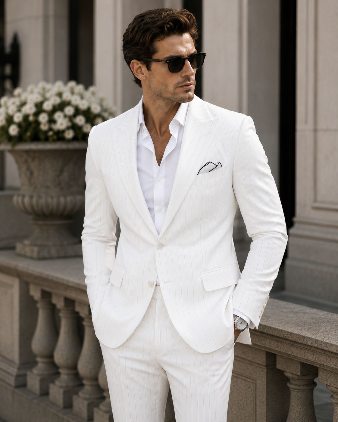 Men’s White Pinstripe Suit – Luxury 2 Piece White Suit for Men | Wedding, Groom, Summer, Party & Formal Wear