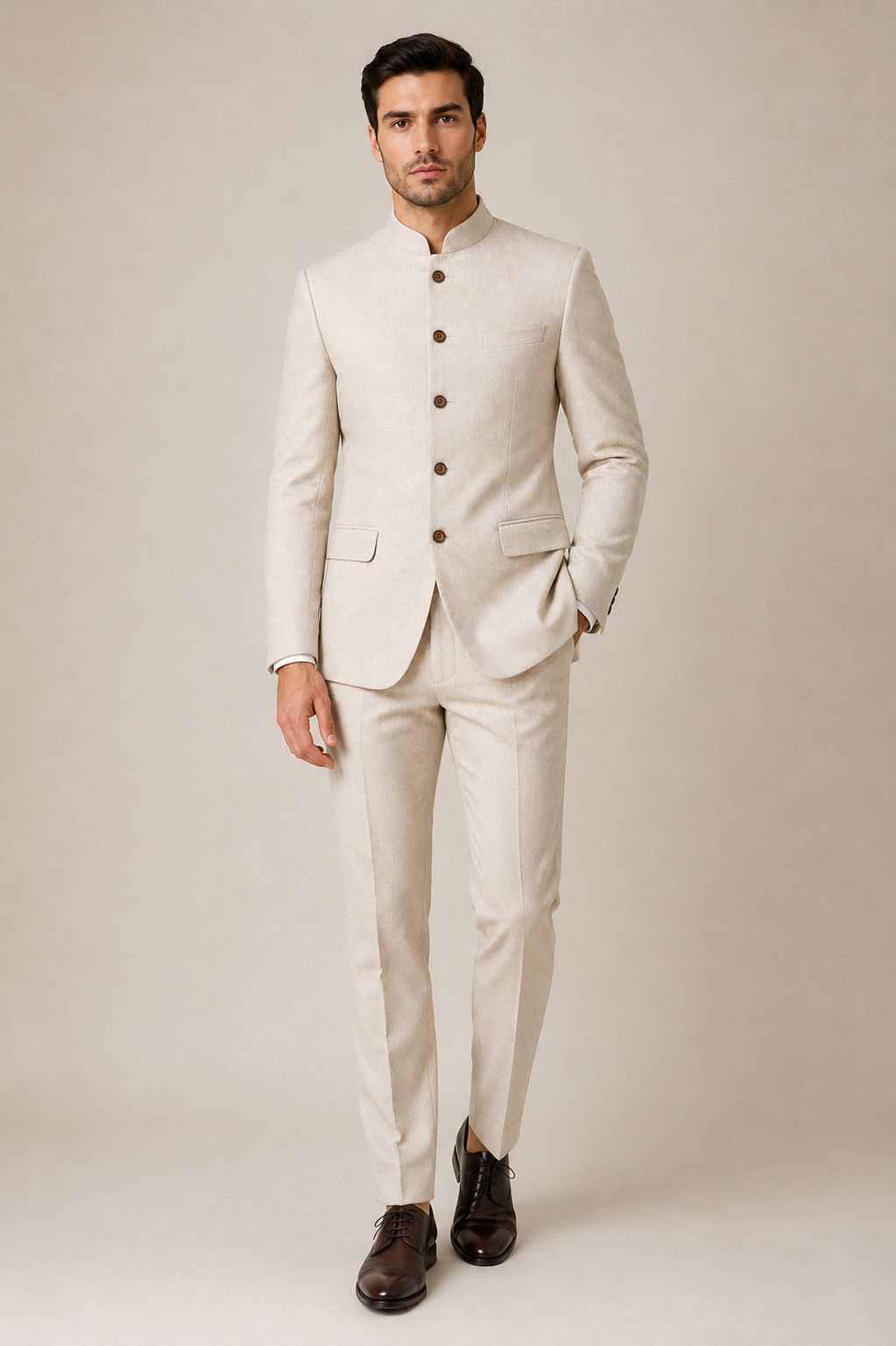 Men’s Cream Nehru Suit with Floral Lining | Indian Wedding Bandhgala Suit | Luxury Ethnic Formal Wear