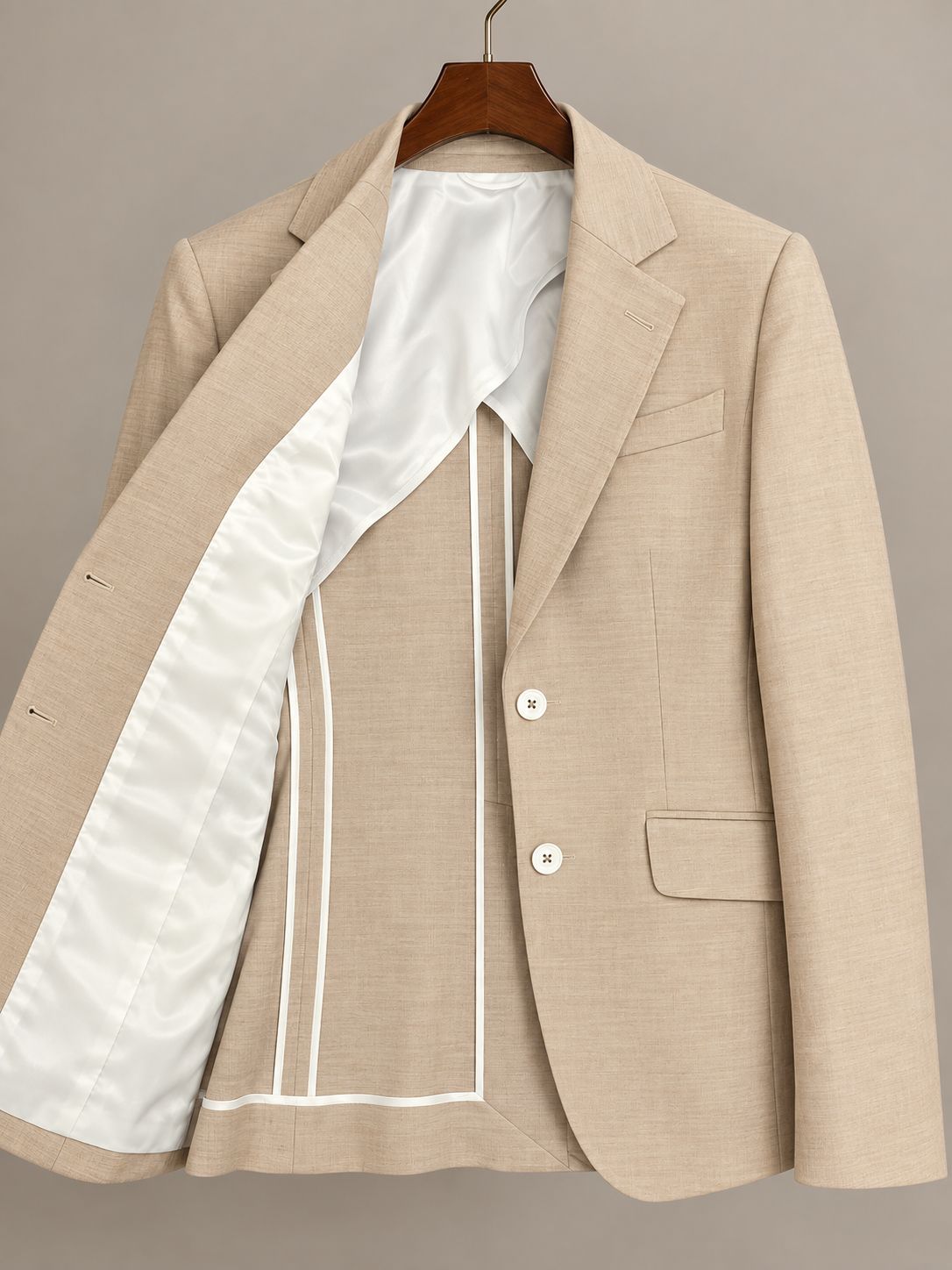 Men’s Beige Linen Blazer – Luxury Tailored Fit Suit Jacket with Premium Satin Lining, Wedding, Summer & Formal Party Jacket