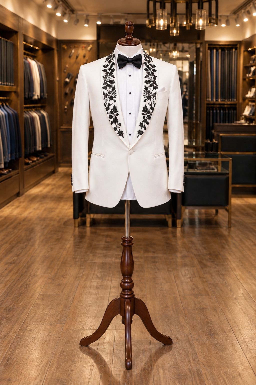 Men’s White Tuxedo Blazer with Black Floral Embroidered Shawl Lapel – Luxury Wedding Groom Dinner Jacket, Formal Party Suit Coat