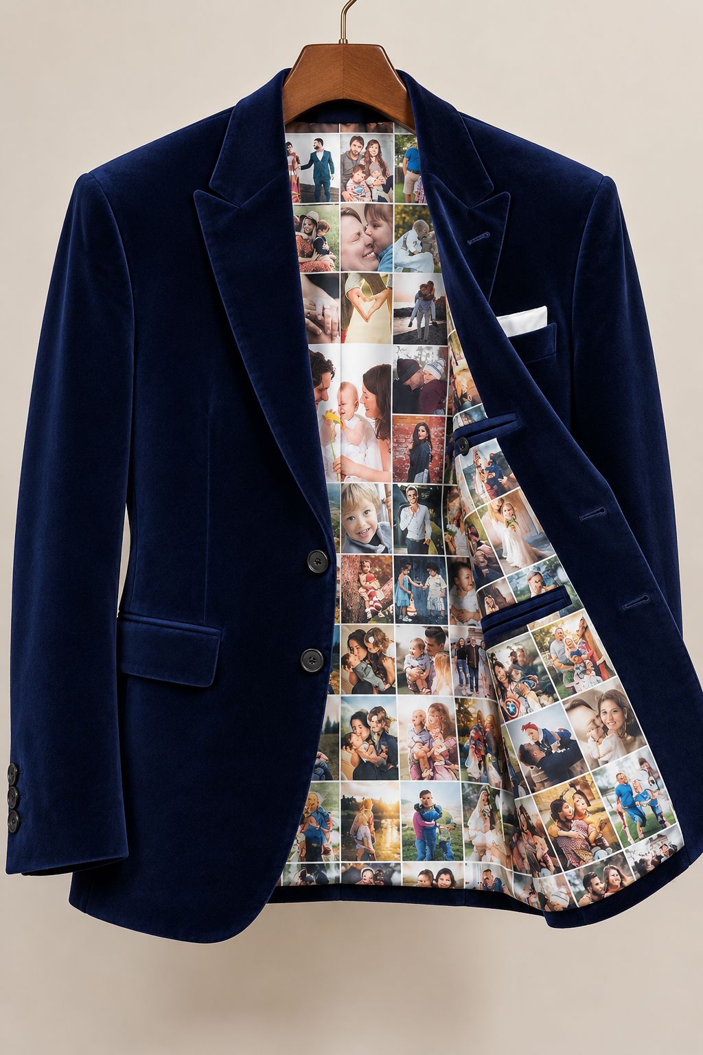 Men’s Navy Blue Velvet Blazer with Custom Photo Printed Lining – Personalized Memory Blazer, Luxury Wedding Groom Jacket & Special Occasion Suit