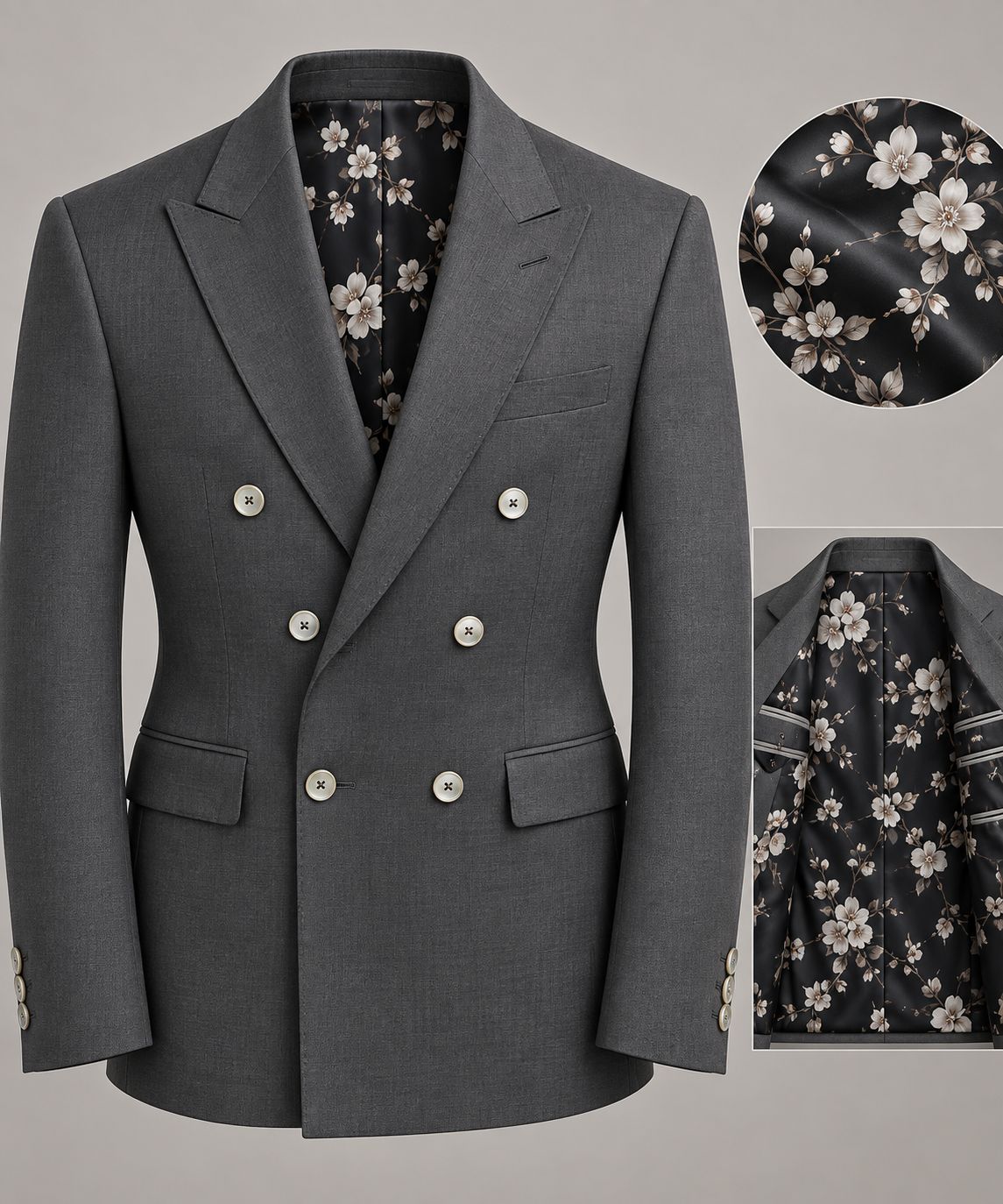 Men’s Charcoal Gray Double Breasted Blazer with Floral Lining | Luxury Tailored Wedding & Formal Jacket