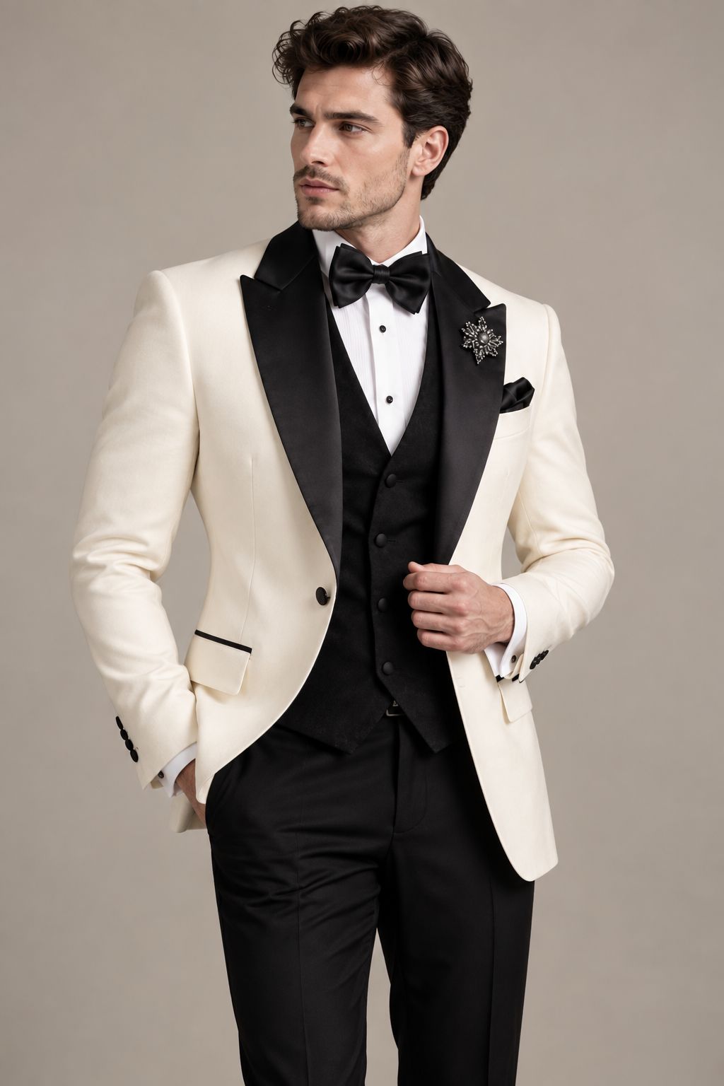 Men’s Ivory White Tuxedo Blazer with Black Shawl Lapels | Luxury Wedding Dinner Jacket | Groom Formal Wear