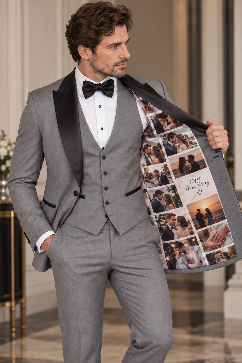Men’s Gray 3 Piece Tuxedo with Personalized Photo Lining | Black Satin Lapel Wedding & Formal Suit