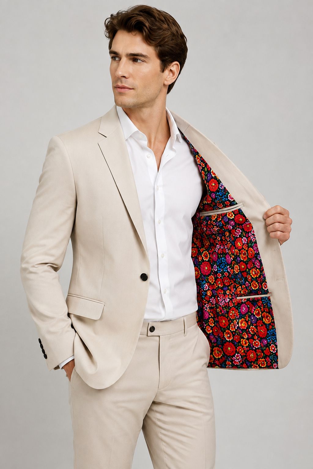Custom Beige Blazer with Luxury Floral Printed Lining | Personalized Men's Jacket