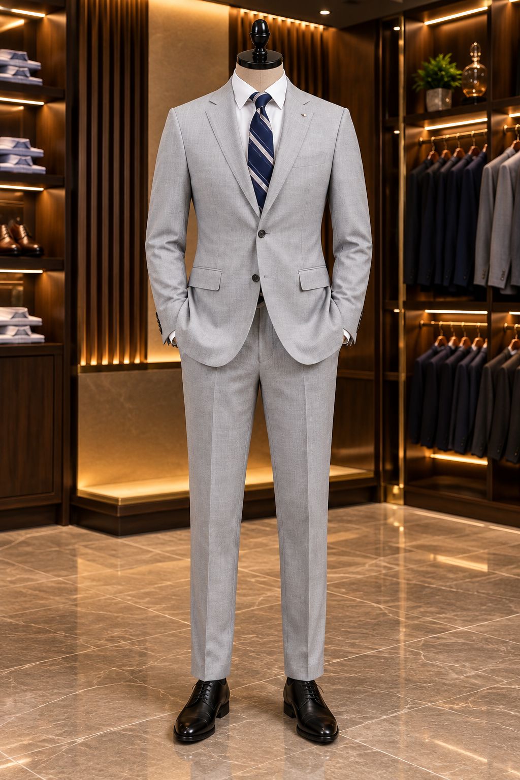 Men’s Light Grey 2 Piece Suit with Floral Satin Lining – Luxury Tailored Formal Business Suit, Wedding & Party Wear